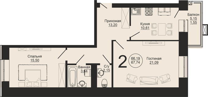 Планировка 2-комнатные квартиры, 67.74 m2 в ЖК Auen, в г. Нур-Султана (Астаны)