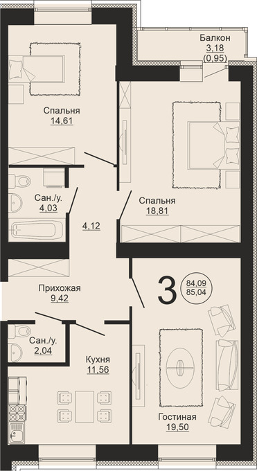 Планировка 3-комнатные квартиры, 85.04 m2 в ЖК Auen, в г. Нур-Султана (Астаны)