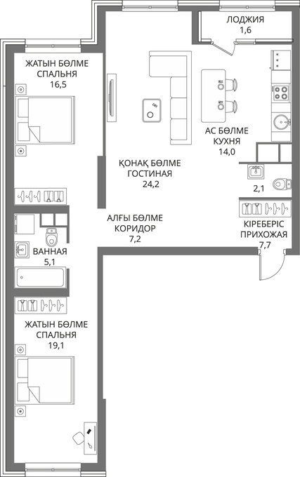 Планировка 3-комнатные квартиры, 97.5 m2 в ЖК Riviera, в г. Алматы
