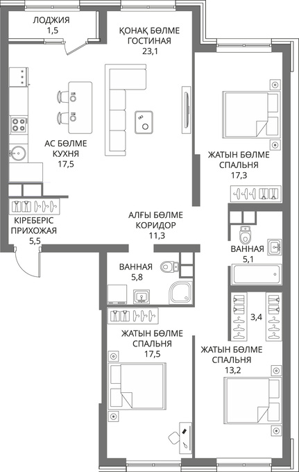 Планировка 4-комнатные квартиры, 121.2 m2 в ЖК Riviera, в г. Алматы