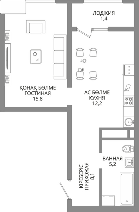 Планировка 1-комнатные квартиры, 42.7 m2 в ЖК Auezov City, в г. Алматы
