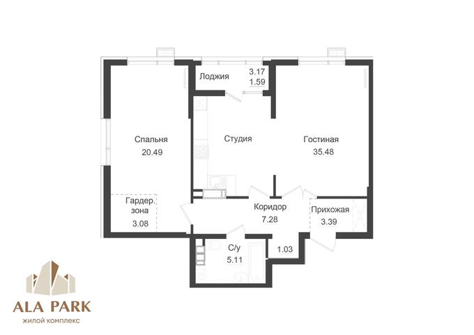Планировка 2-комнатные квартиры, 77.45 m2 в ЖК ALA Park, в г. Алматы