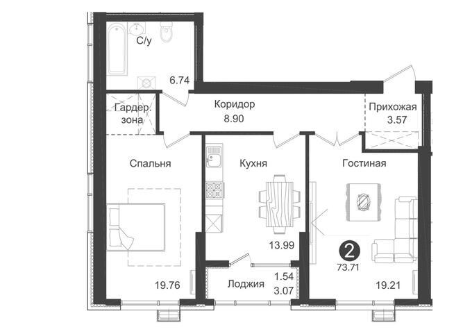 Планировка 2-комнатные квартиры, 73.71 m2 в ЖК ALA Park, в г. Алматы