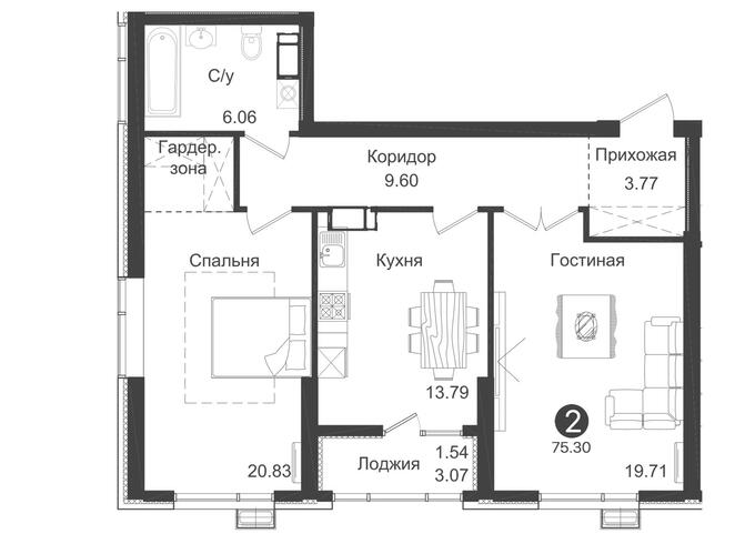 Планировка 2-комнатные квартиры, 75.3 m2 в ЖК ALA Park, в г. Алматы