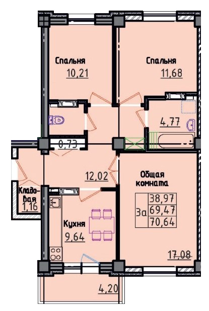 Планировка 3-комнатные квартиры, 70.64 m2 в ЖК в мкрн Карагайлы, в г. Семея