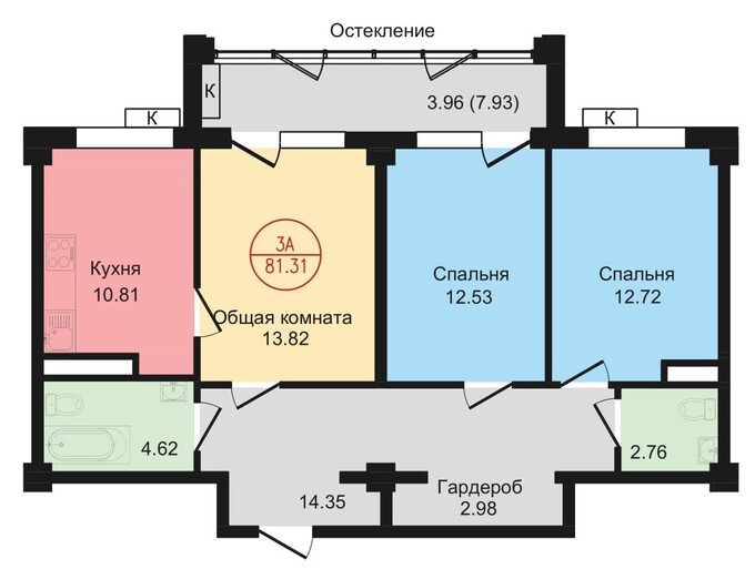 Планировка 3-комнатные квартиры, 81.31 m2 в ЖК Palladium, в г. Алматы