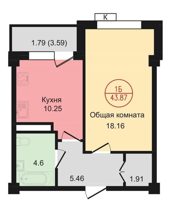 Планировка 1-комнатные квартиры, 43.87 m2 в ЖК Palladium, в г. Алматы