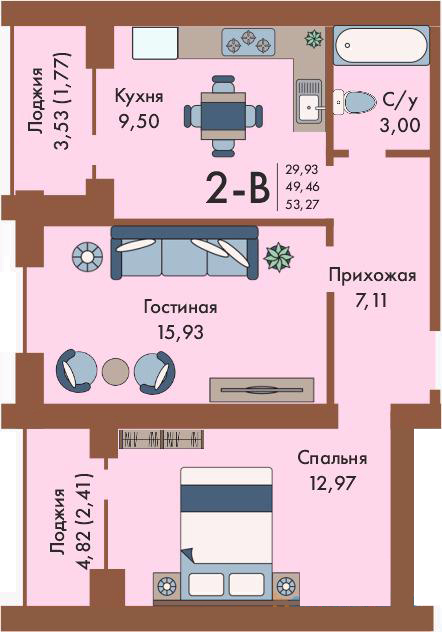 Планировка 2-комнатные квартиры, 53.27 m2 в Клубный дом Sunrise, в г. Караганды