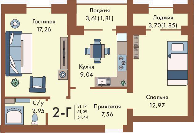 Планировка 2-комнатные квартиры, 54.44 m2 в Клубный дом Sunrise, в г. Караганды