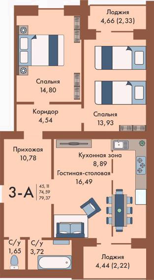 Планировка 3-комнатные квартиры, 79.37 m2 в Клубный дом Sunrise, в г. Караганды