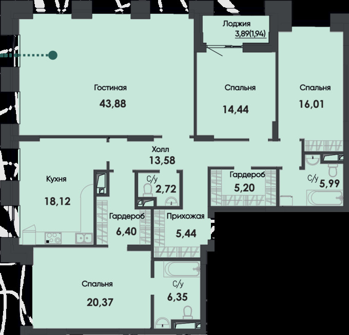 Планировка 4-комнатные квартиры, 159.69 m2 в ЖК Asylym Park 1, в г. Нур-Султана (Астаны)