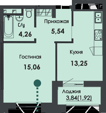 Планировка 1-комнатные квартиры, 40.03 m2 в ЖК Asylym Park 1, в г. Нур-Султана (Астаны)