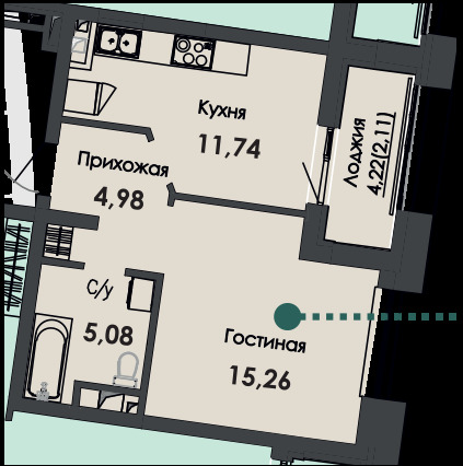 Планировка 1-комнатные квартиры, 38.55 m2 в ЖК Asylym Park 1, в г. Нур-Султана (Астаны)