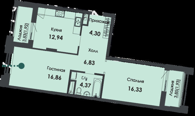 Планировка 2-комнатные квартиры, 65.13 m2 в ЖК Asylym Park 1, в г. Нур-Султана (Астаны)