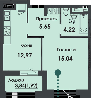Планировка 1-комнатные квартиры, 39.75 m2 в ЖК Asylym Park 1, в г. Нур-Султана (Астаны)