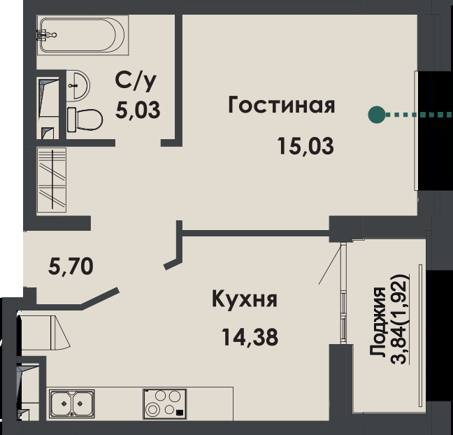 Планировка 1-комнатные квартиры, 41.23 m2 в ЖК Asylym Park 1, в г. Нур-Султана (Астаны)