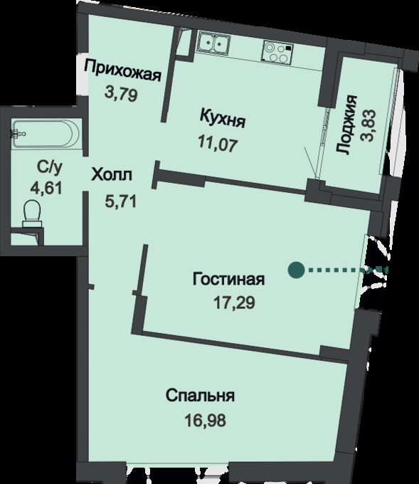 Планировка 2-комнатные квартиры, 61.37 m2 в ЖК Asylym Park 1, в г. Нур-Султана (Астаны)