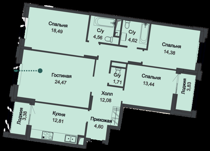 Планировка 4-комнатные квартиры, 114.28 m2 в ЖК Asylym Park 1, в г. Нур-Султана (Астаны)