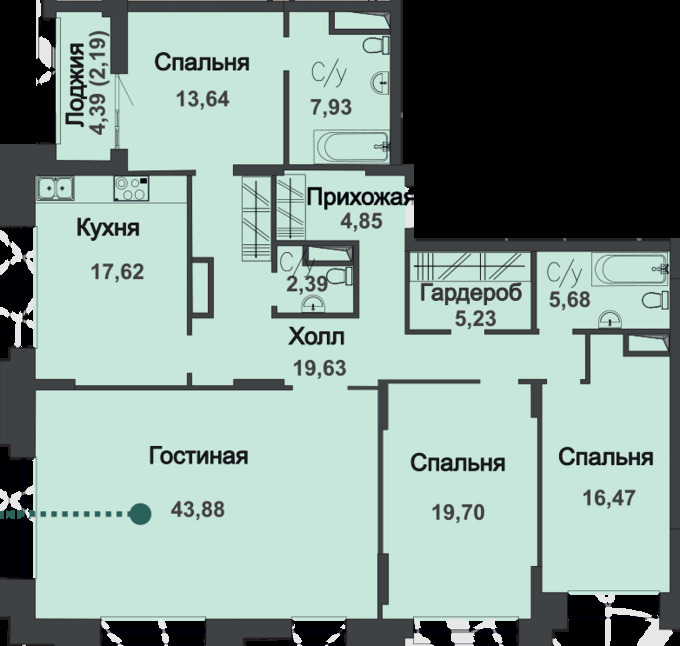 Планировка 4-комнатные квартиры, 159.21 m2 в ЖК Asylym Park 1, в г. Нур-Султана (Астаны)