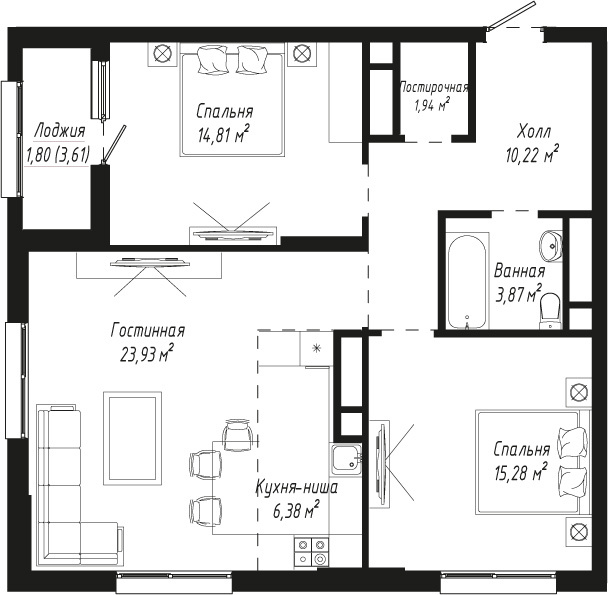 Планировка 3-комнатные квартиры, 78.24 m2 в ЖК Dara Residence, в г. Нур-Султана (Астаны)