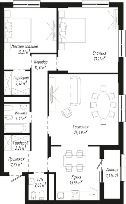 Планировка 3-комнатные квартиры, 104.87 m2 в ЖК Dara Residence, в г. Нур-Султана (Астаны)
