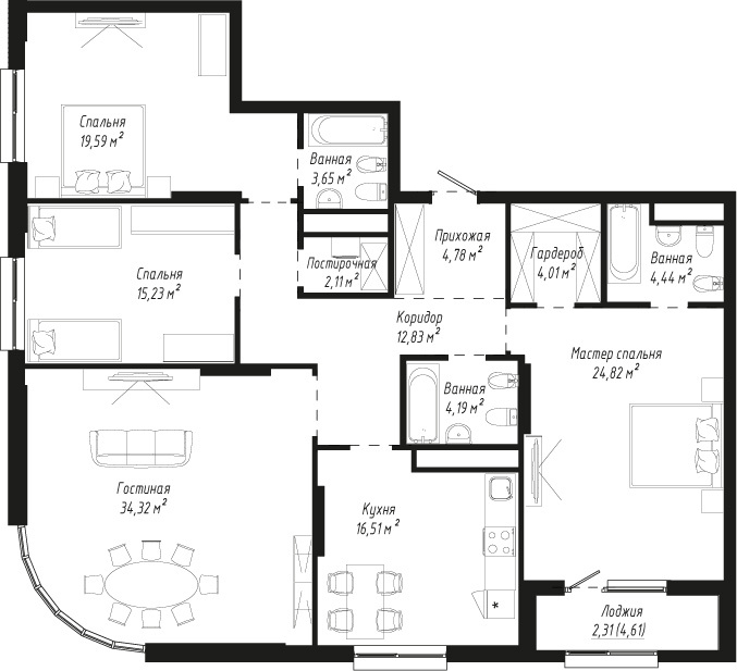 Планировка 4-комнатные квартиры, 148.79 m2 в ЖК Dara Residence, в г. Нур-Султана (Астаны)