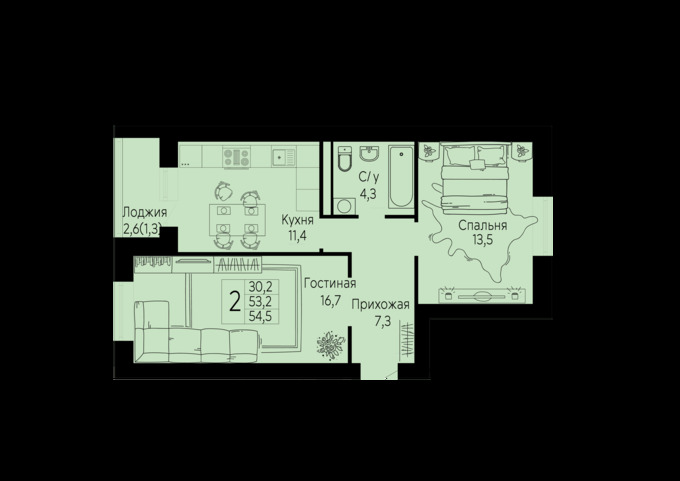Планировка 2-комнатные квартиры, 54.5 m2 в Жилой Массив Лесная Поляна, в г. Косшы