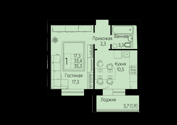 Планировка 1-комнатные квартиры, 35.3 m2 в Жилой Массив Лесная Поляна, в г. Косшы
