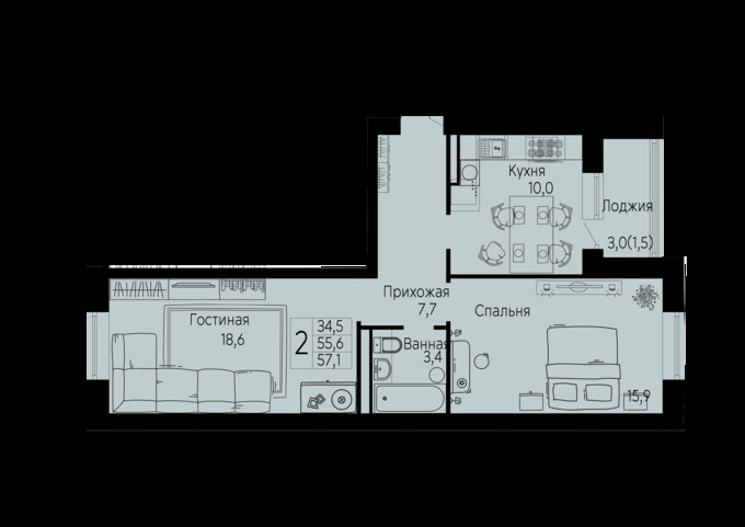 Планировка 2-комнатные квартиры, 57.1 m2 в Жилой Массив Лесная Поляна, в г. Косшы