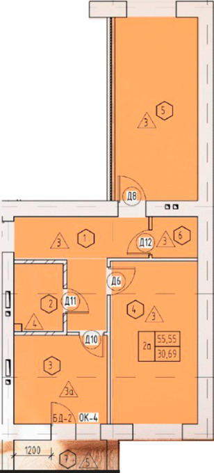 Планировка 2-комнатные квартиры, 55.55 m2 в ЖК Тениз, в г. Костаная