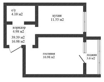 Планировка 1-комнатные квартиры, 39.39 m2 в ЖК Тениз, в г. Костаная