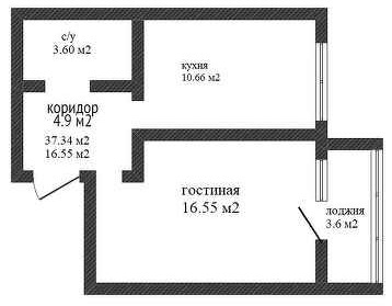 Планировка 1-комнатные квартиры, 37.34 m2 в ЖК Тениз, в г. Костаная
