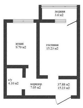 Планировка 1-комнатные квартиры, 37.88 m2 в ЖК Тениз, в г. Костаная