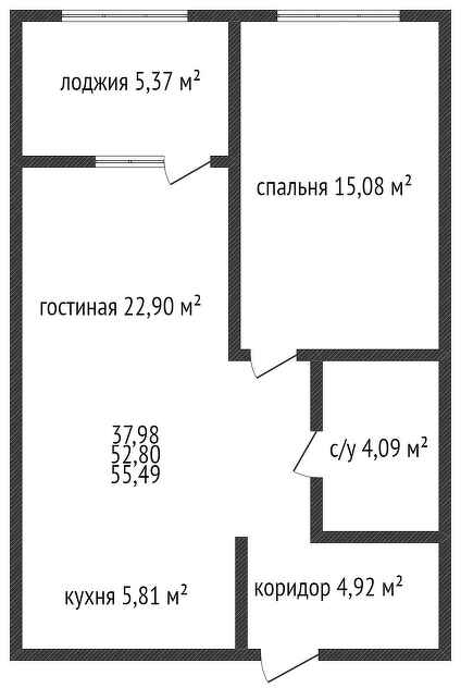 Планировка 1-комнатные квартиры, 55.49 m2 в ЖК Панорама парк, в г. Костаная
