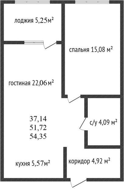 Планировка 1-комнатные квартиры, 54.35 m2 в ЖК Панорама парк, в г. Костаная