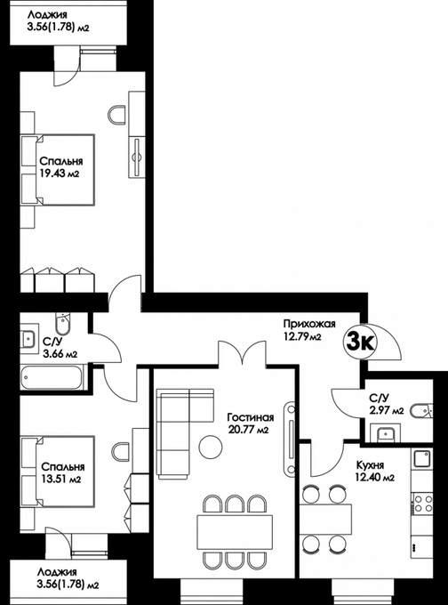 Планировка 3-комнатные квартиры, 89.09 m2 в ЖК R-club DELUXE, в г. Нур-Султана (Астаны)