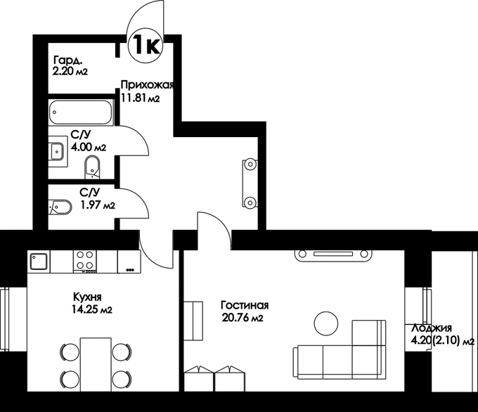 Планировка 1-комнатные квартиры, 56.57 m2 в ЖК R-club DELUXE, в г. Нур-Султана (Астаны)
