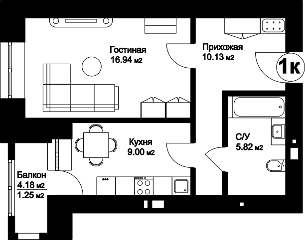 Планировка 1-комнатные квартиры, 43.14 m2 в ЖК Auen, в г. Нур-Султана (Астаны)