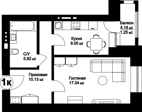Планировка 1-комнатные квартиры, 43.32 m2 в ЖК Auen, в г. Нур-Султана (Астаны)