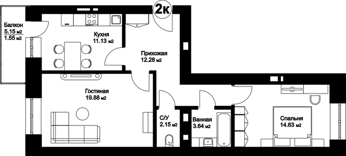 Планировка 2-комнатные квартиры, 67.74 m2 в ЖК Auen, в г. Нур-Султана (Астаны)