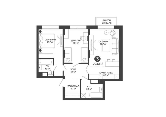 Планировка 3-комнатные квартиры, 70.61 m2 в ЖК Aktau Riviera, в г. Актау