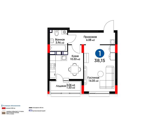 Планировка 1-комнатные квартиры, 38.15 m2 в ЖК Besterek, в г. Нур-Султана (Астаны)