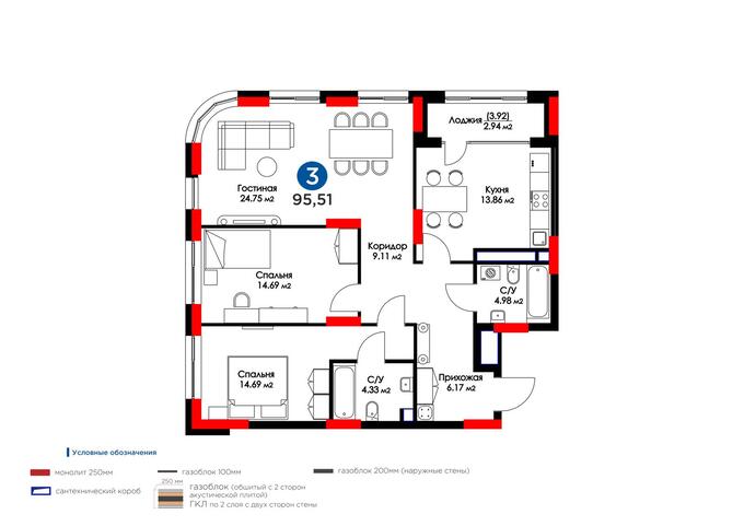 Планировка 3-комнатные квартиры, 95.51 m2 в Nexpo Union, в г. Нур-Султана (Астаны)