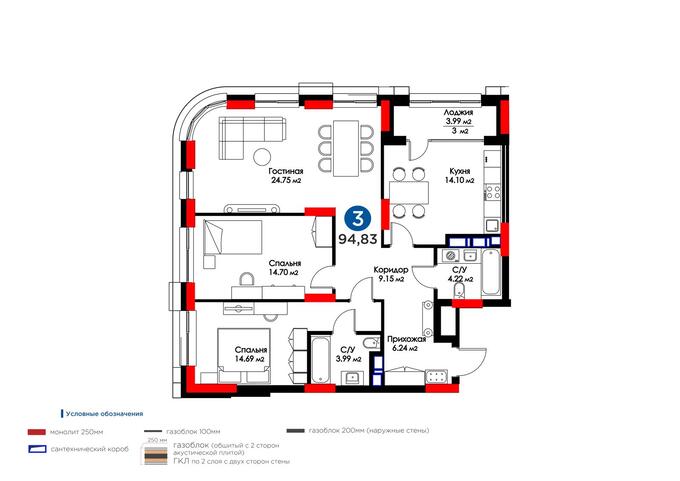Планировка 3-комнатные квартиры, 94.83 m2 в Nexpo Union, в г. Нур-Султана (Астаны)