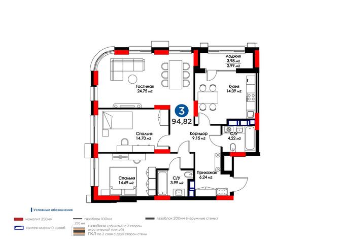 Планировка 3-комнатные квартиры, 94.82 m2 в Nexpo Union, в г. Нур-Султана (Астаны)