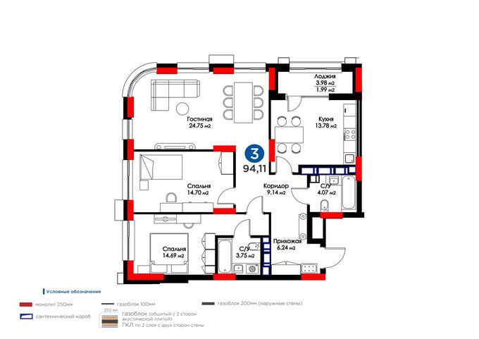 Планировка 3-комнатные квартиры, 94.11 m2 в Nexpo Union, в г. Нур-Султана (Астаны)