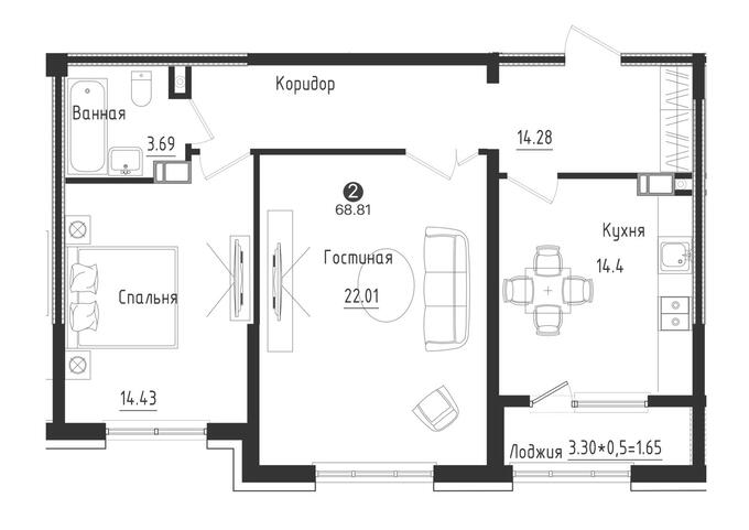 Планировка 2-комнатные квартиры, 68.81 m2 в ЖК O'NER, в г. Алматы