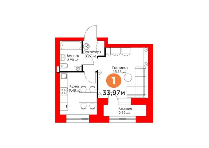 Планировка 1-комнатные квартиры, 33.97 m2 в Бигвилль Sezim Qala, в г. Нур-Султана (Астаны)