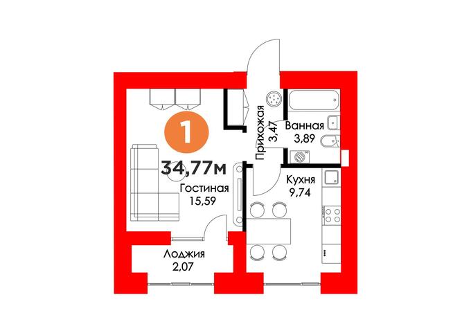 Планировка 1-комнатные квартиры, 34.77 m2 в Бигвилль Sezim Qala, в г. Нур-Султана (Астаны)