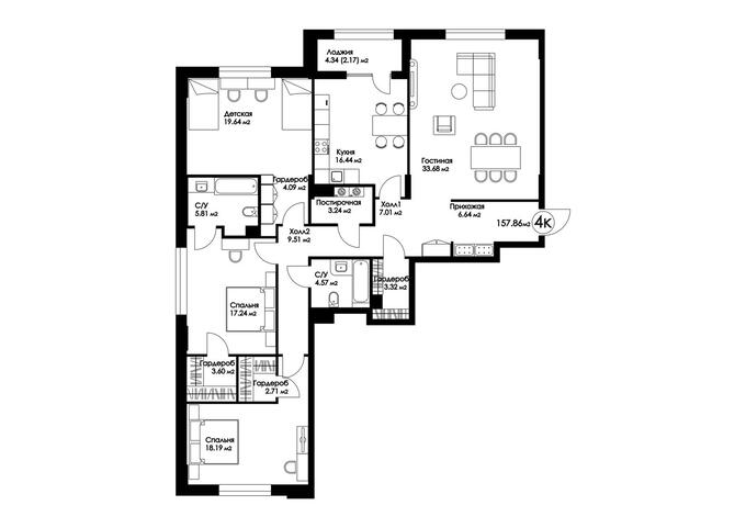 Планировка 4-комнатные квартиры, 158.95 m2 в ЖК Дом на Ботаническом, в г. Нур-Султана (Астаны)